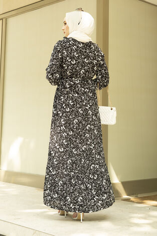 Beli Kuşaklı Önü Fırfır Detaylı Tesettür Elbise 120NY-20155 Siyah - Thumbnail