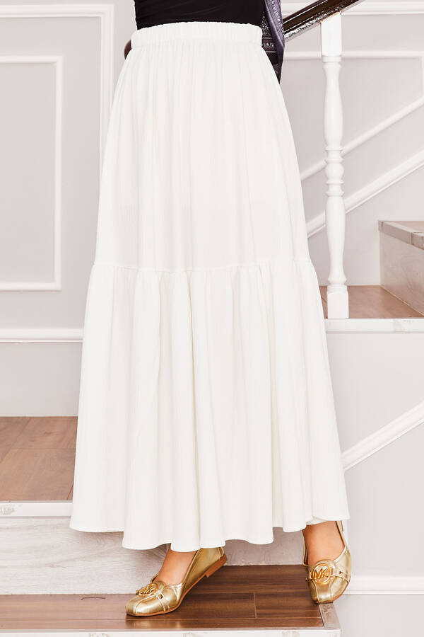 Nz - Beli Lastikli Altı Büzgülü Tesettür Etek Ekru (1)