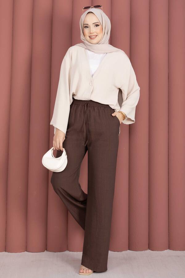 Beli Lastikli Bol Paça Pantolon Kahve - 3