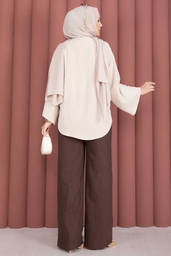 Beli Lastikli Bol Paça Pantolon Kahve - 4