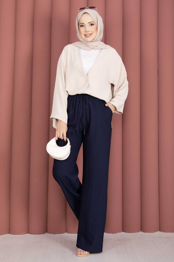 Beli Lastikli Bol Paça Pantolon Lacivert - 3