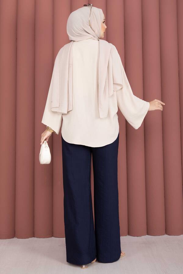Beli Lastikli Bol Paça Pantolon Lacivert - 4