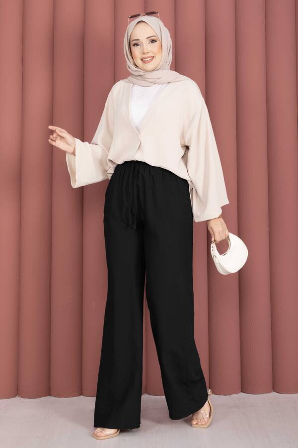 Beli Lastikli Bol Paça Pantolon Siyah - 3