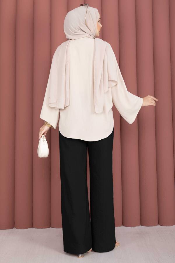 Beli Lastikli Bol Paça Pantolon Siyah - 4