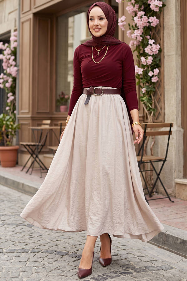 Kç - Beli Lastikli Cep Detaylı Etek Bej