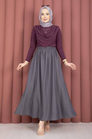 Beli Lastikli Cep Detaylı Etek Gri - Thumbnail