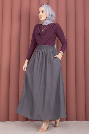 Beli Lastikli Cep Detaylı Etek Gri - Thumbnail