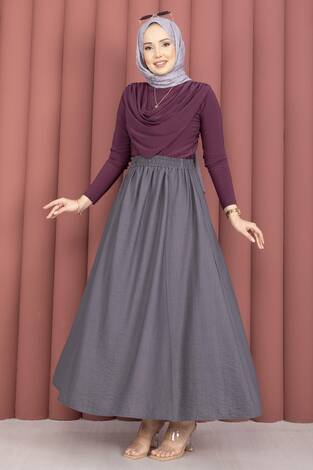 Beli Lastikli Cep Detaylı Etek Gri - Thumbnail