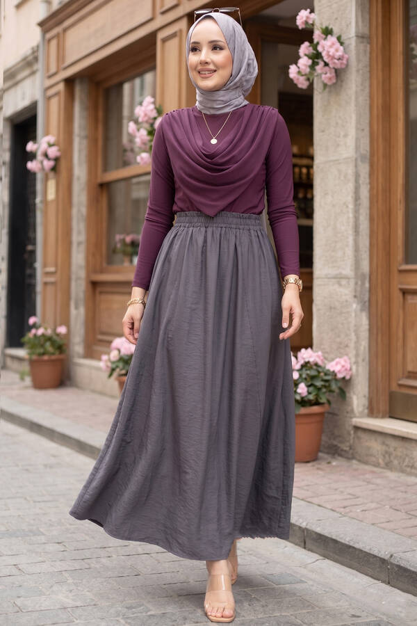 Kç - Beli Lastikli Cep Detaylı Etek Gri