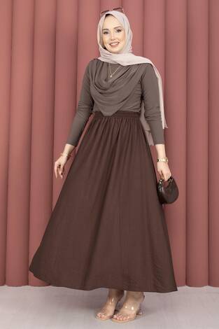 Beli Lastikli Cep Detaylı Etek Kahve - Thumbnail