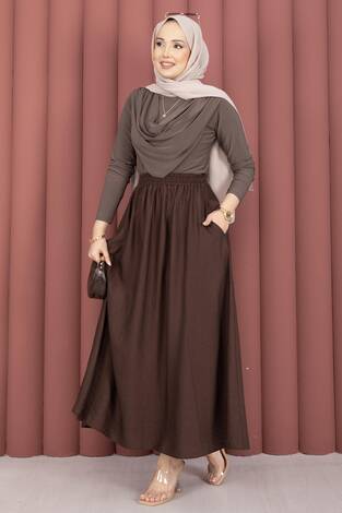 Beli Lastikli Cep Detaylı Etek Kahve - Thumbnail