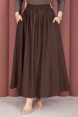 Beli Lastikli Cep Detaylı Etek Kahve - Thumbnail