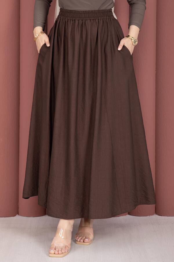Kç - Beli Lastikli Cep Detaylı Etek Kahve (1)