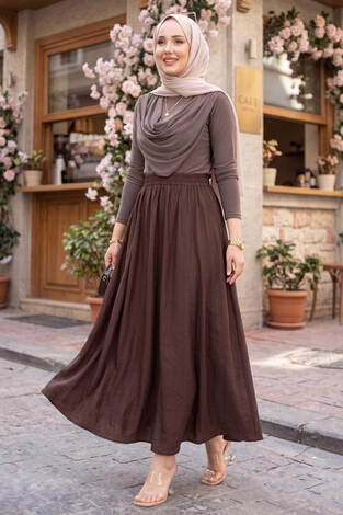 Beli Lastikli Cep Detaylı Etek Kahve
