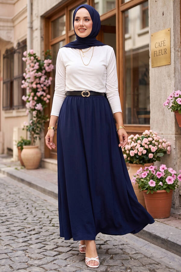 Kç - Beli Lastikli Cep Detaylı Etek Lacivert