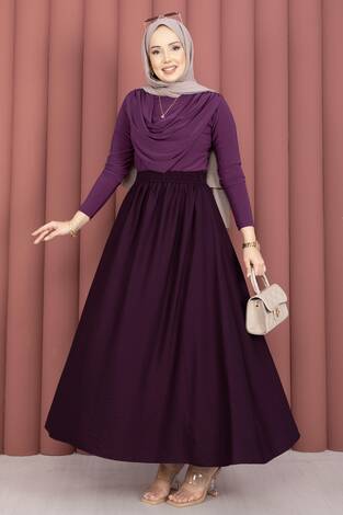 Beli Lastikli Cep Detaylı Etek Mürdüm - Thumbnail