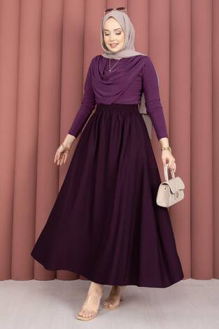 Beli Lastikli Cep Detaylı Etek Mürdüm - Thumbnail