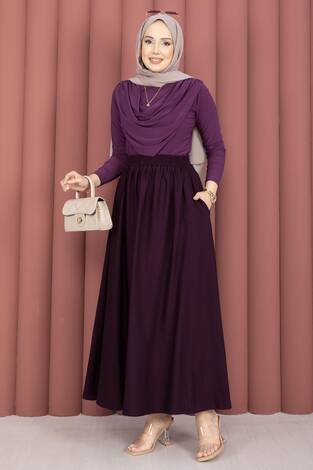 Beli Lastikli Cep Detaylı Etek Mürdüm - Thumbnail