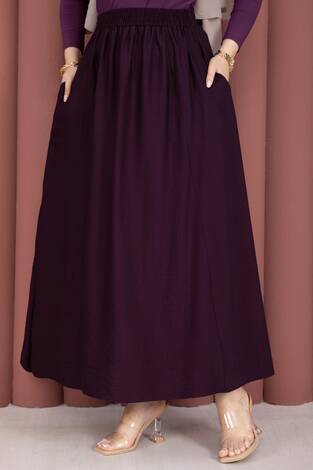 Beli Lastikli Cep Detaylı Etek Mürdüm - Thumbnail