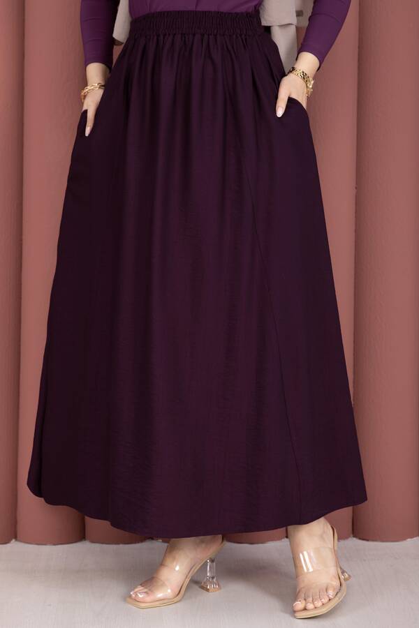 Kç - Beli Lastikli Cep Detaylı Etek Mürdüm (1)