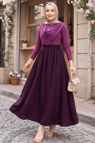 Beli Lastikli Cep Detaylı Etek Mürdüm