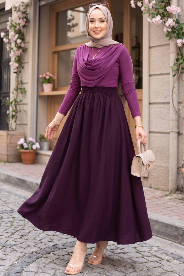 Kç - Beli Lastikli Cep Detaylı Etek Mürdüm