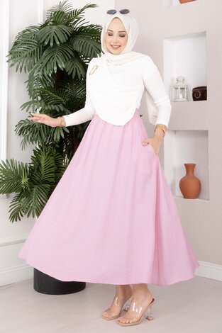 Beli Lastikli Cep Detaylı Etek Pembe