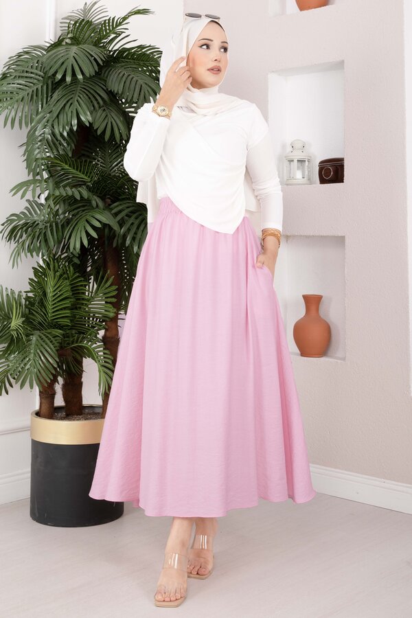Beli Lastikli Cep Detaylı Etek Pembe - 3