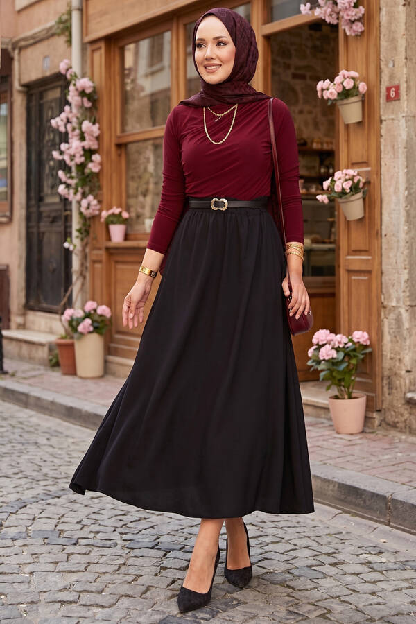 Kç - Beli Lastikli Cep Detaylı Etek Siyah