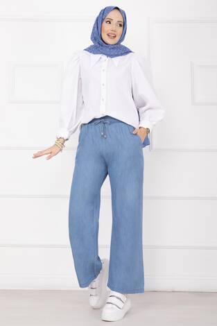 Beli Lastikli Cepli Tensel Kot Pantolon Açık Mavi - Thumbnail