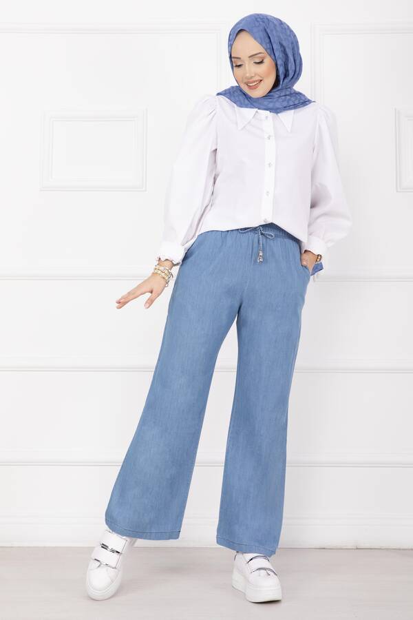MD - Beli Lastikli Cepli Tensel Kot Pantolon Açık Mavi