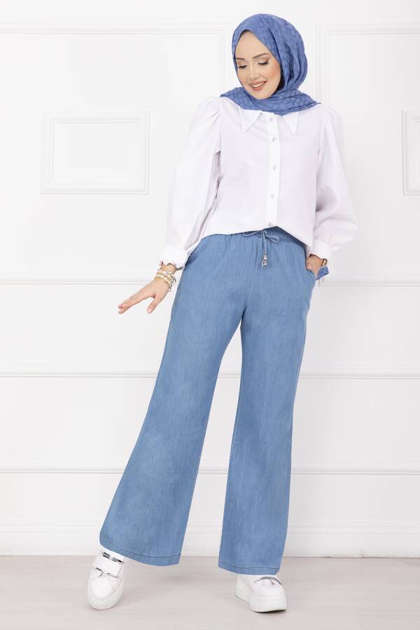 MD - Beli Lastikli Cepli Tensel Kot Pantolon Açık Mavi