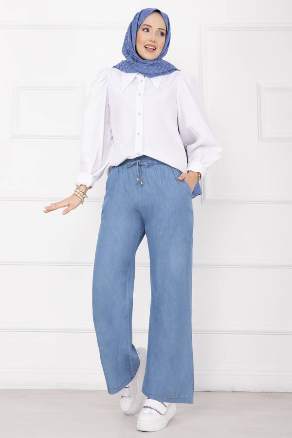 MD - Beli Lastikli Cepli Tensel Kot Pantolon Açık Mavi (1)