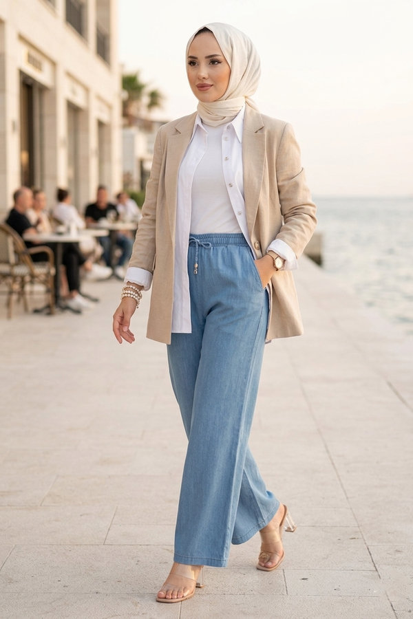 MD - Beli Lastikli Cepli Tensel Kot Pantolon Açık Mavi