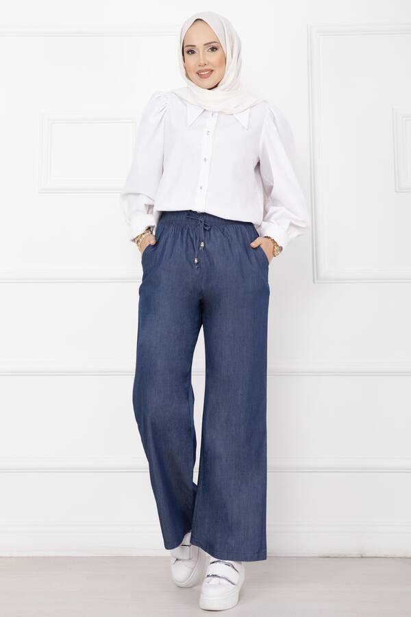 MD - Beli Lastikli Cepli Tensel Kot Pantolon Mavi