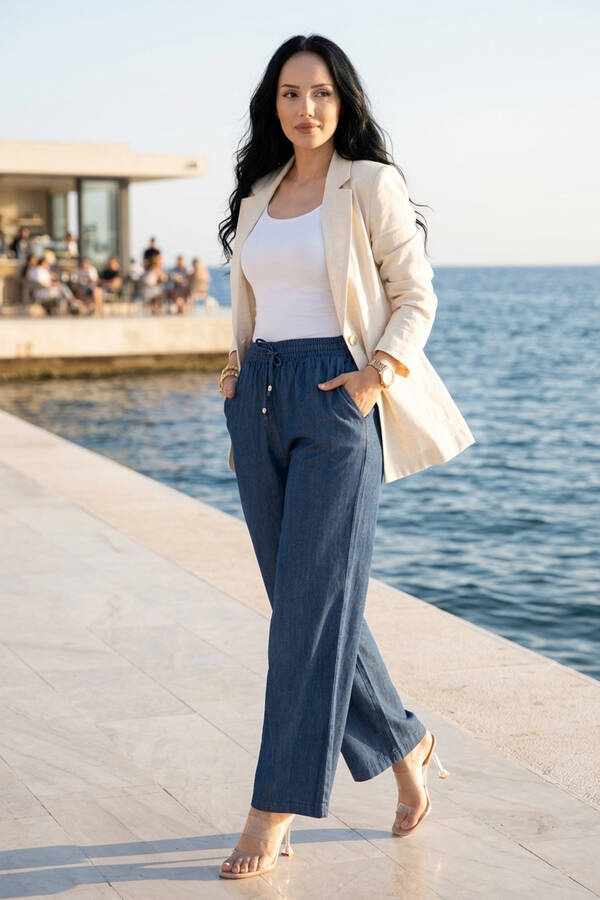 Beli Lastikli Cepli Tensel Kot Pantolon Mavi - 4