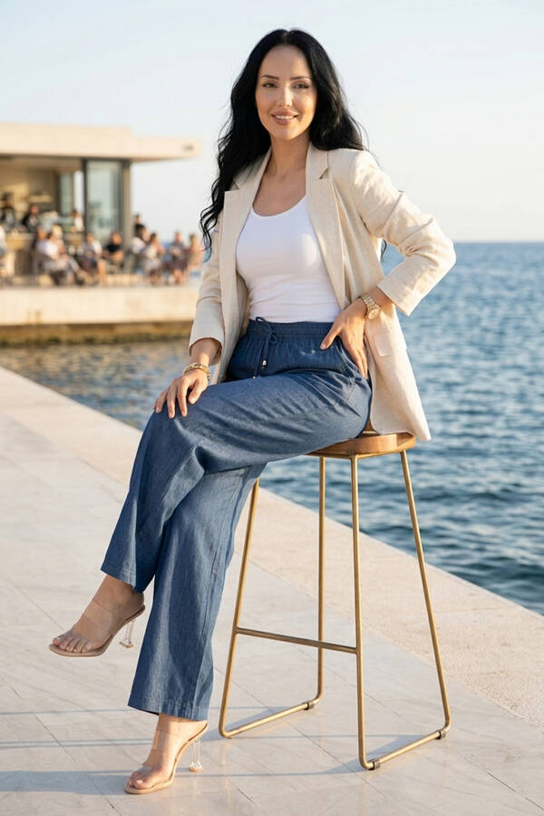 Beli Lastikli Cepli Tensel Kot Pantolon Mavi - 3