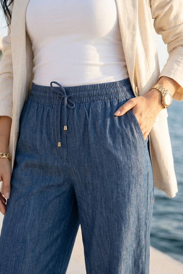 MD - Beli Lastikli Cepli Tensel Kot Pantolon Mavi (1)