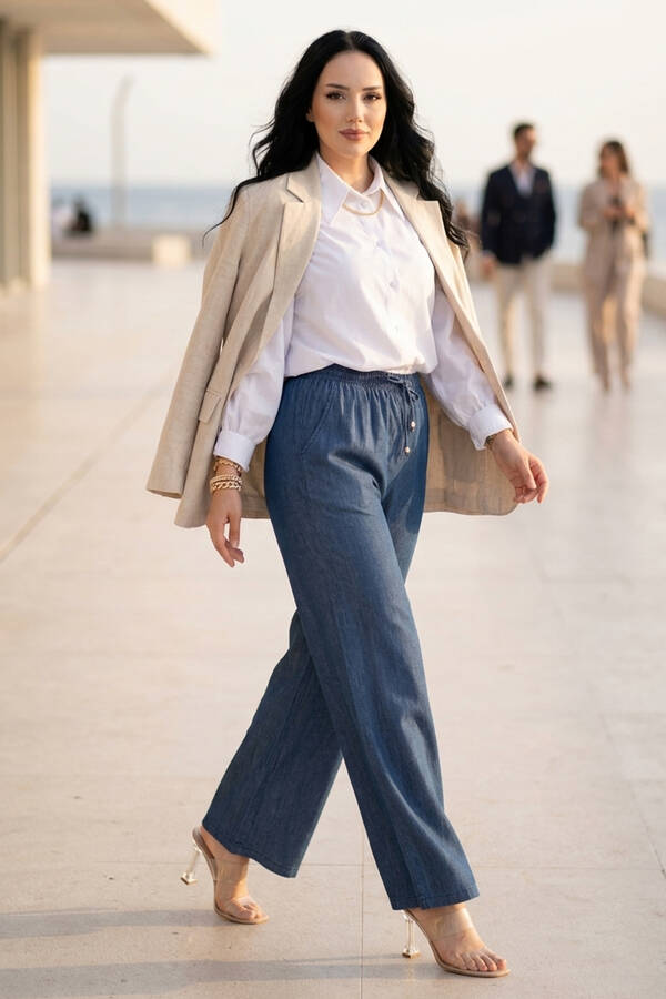 MD - Beli Lastikli Cepli Tensel Kot Pantolon Mavi