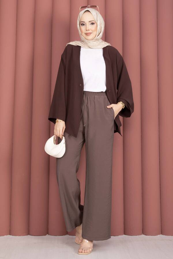 Beli Lastikli Cepli Tensel Pantolon Kahve - 3
