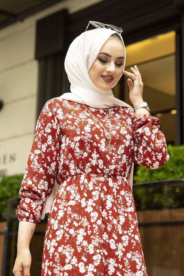 NY - Beli Lastikli Çiçek Desenli Elbise 120NY-1538 Bordo (1)