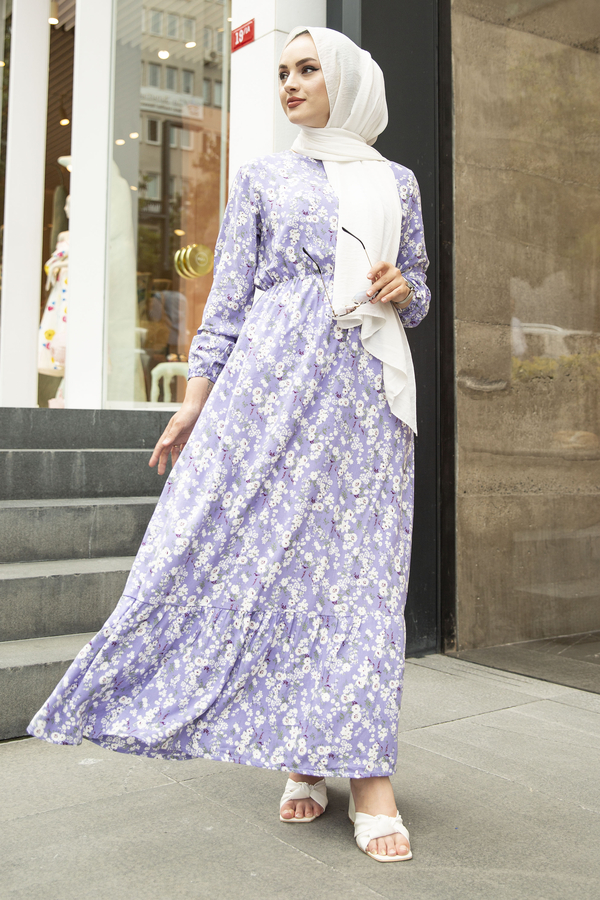 NY - Beli Lastikli Çiçek Desenli Elbise 120NY-1538 Lila