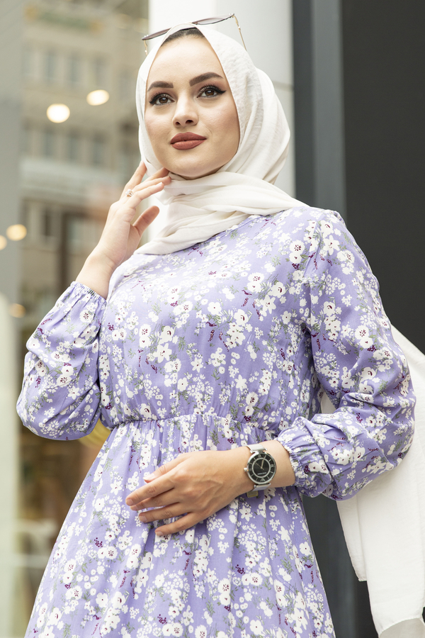 NY - Beli Lastikli Çiçek Desenli Elbise 120NY-1538 Lila (1)