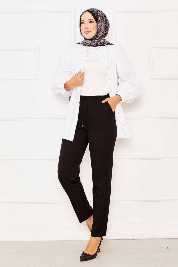 Beli Lastikli Dar Paça Pantolon Siyah Beli Lastikli Dar Paça Pantolon Siyah