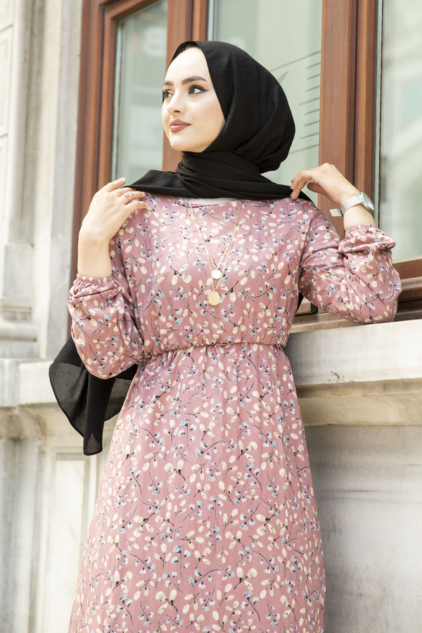 NY - Beli Lastikli Desenli Elbise 120NY-20160 Gülkurusu (1)