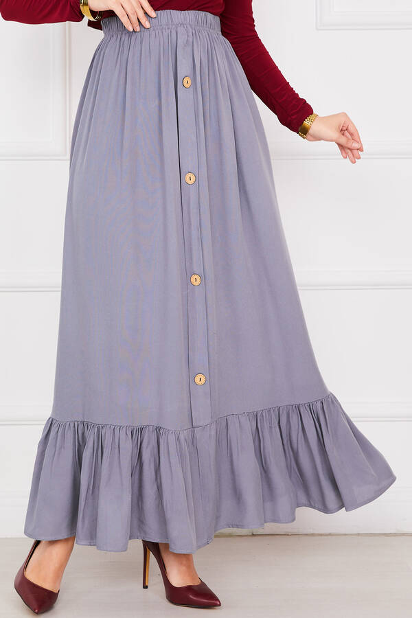 Zmr - Beli Lastikli Düğme Detaylı Tesettür Etek Gri (1)