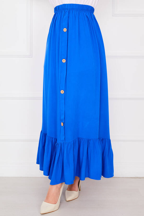 Zmr - Beli Lastikli Düğme Detaylı Tesettür Etek Saks (1)