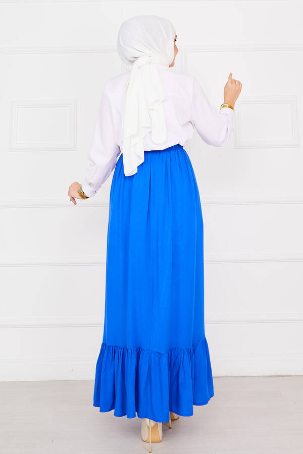 Beli Lastikli Düğme Detaylı Tesettür Etek Saks - 4