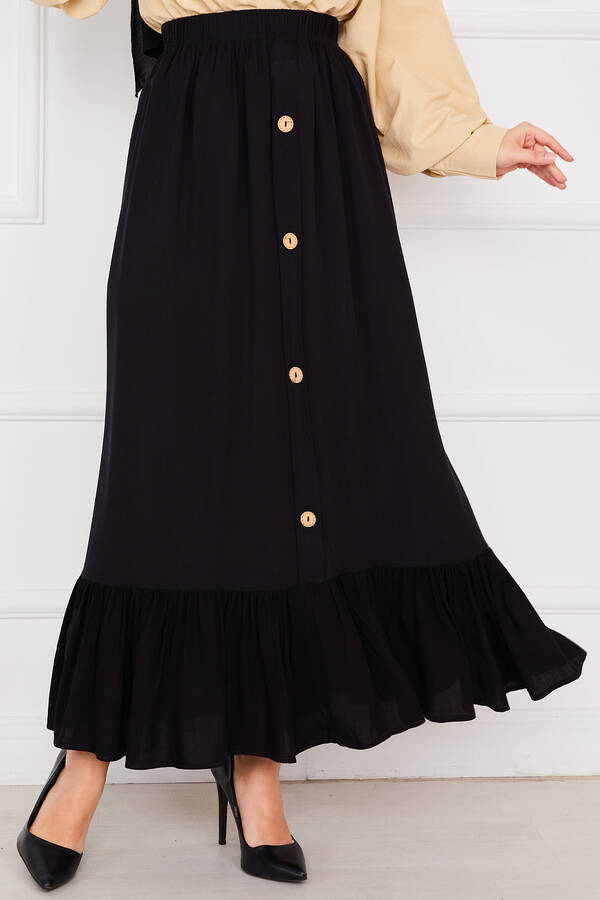 Zmr - Beli Lastikli Düğme Detaylı Tesettür Etek Siyah (1)