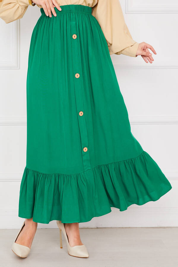 Zmr - Beli Lastikli Düğme Detaylı Tesettür Etek Zümrüt (1)